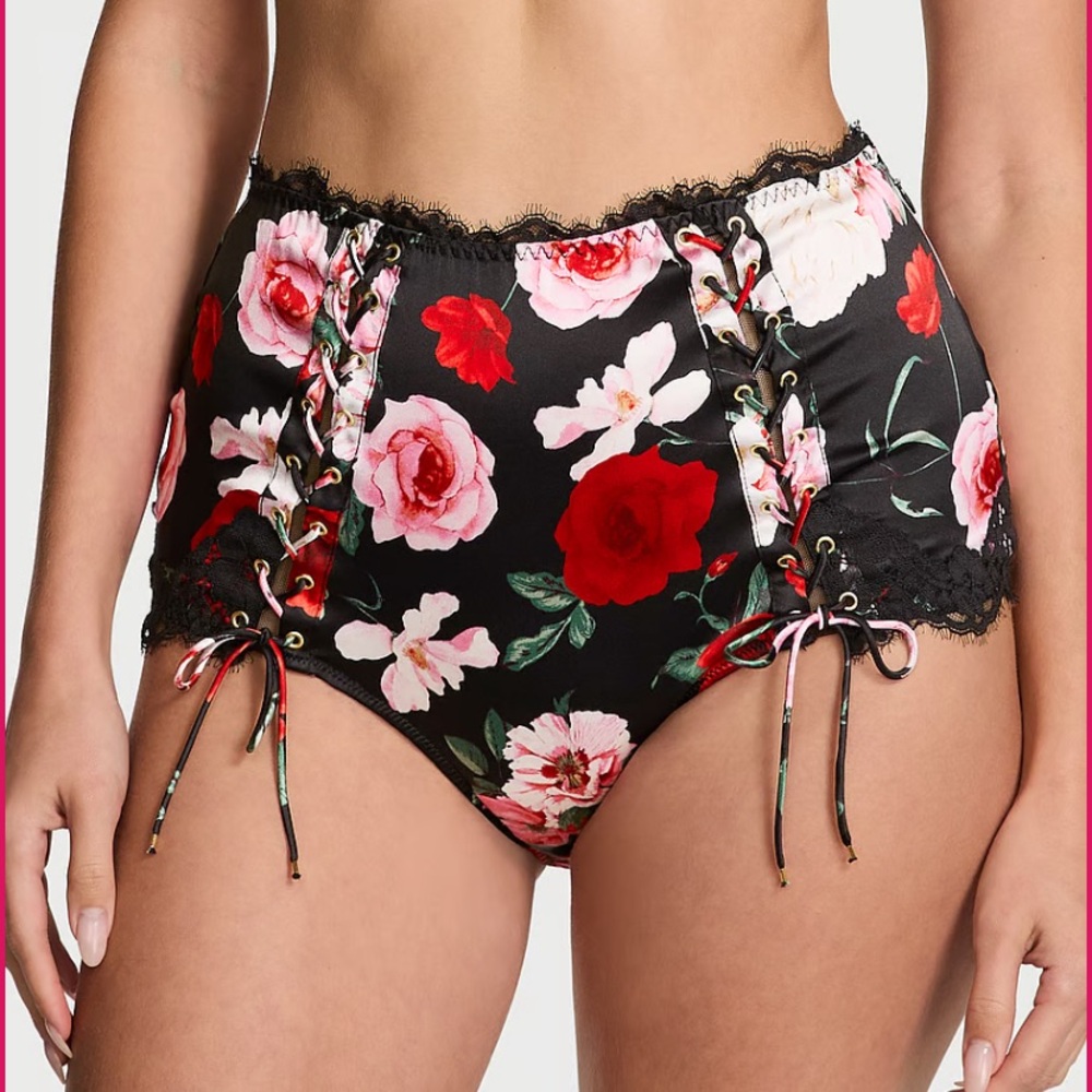 Victoria's Secret Black Floral Lace-Up Panties